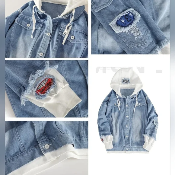 NWT Streetwear Hooded Distressed Denim Jacket with Patches - Size XXL - Picture 4 of 10